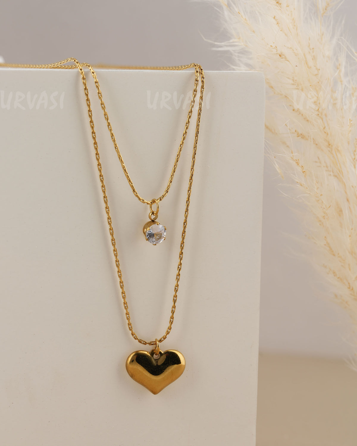 Gold-Toned Double-layer Crystal Heart Simple Chain SC 196