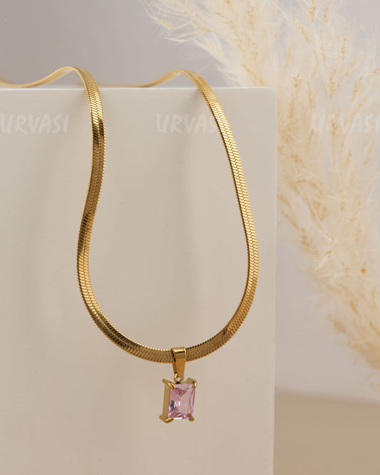 Gold-Toned Pink Emerald-cut Pendant Snake Chain SC 192