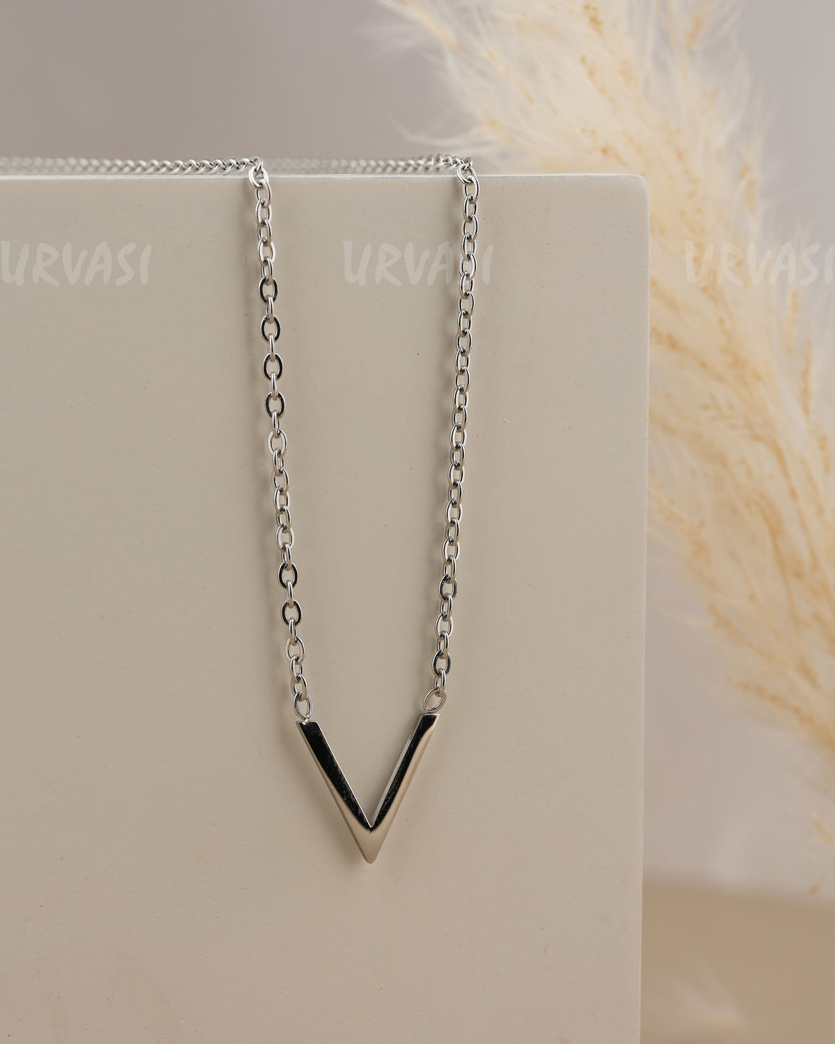 Silver-Toned V-shaped Pendant Simple Chain SC 184