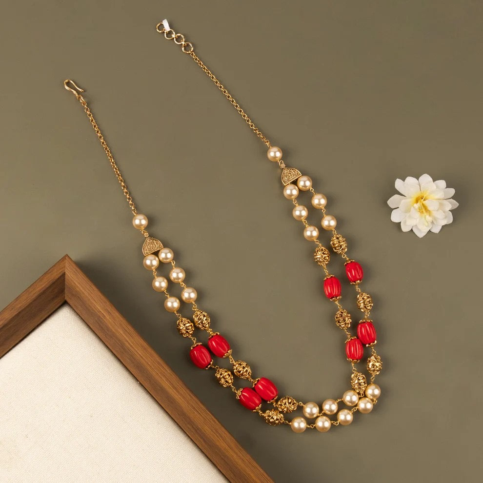 Gold-Toned Double-Layer Coral Pear Mala Ma 108
