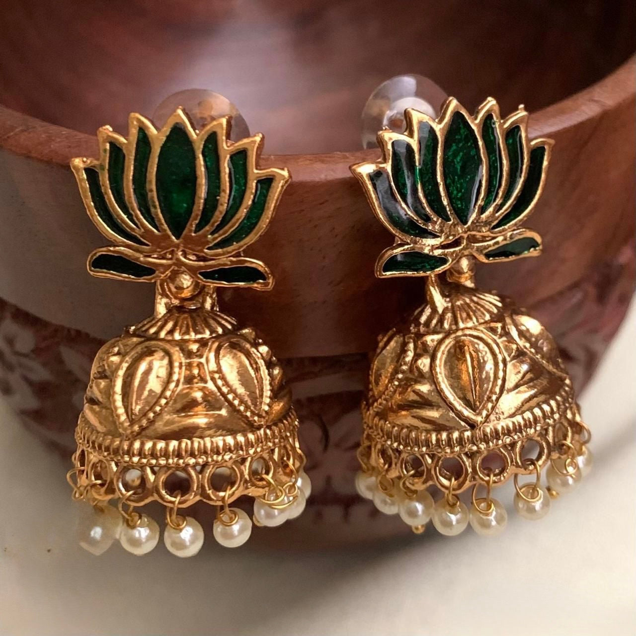 Gold-Toned Handmade Lotus Pearl Earrings ER 750