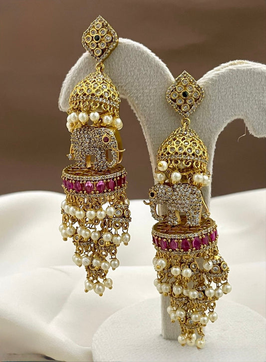 Gold-Toned Elephant Motif Hanging Jhumka Earrings ER 424