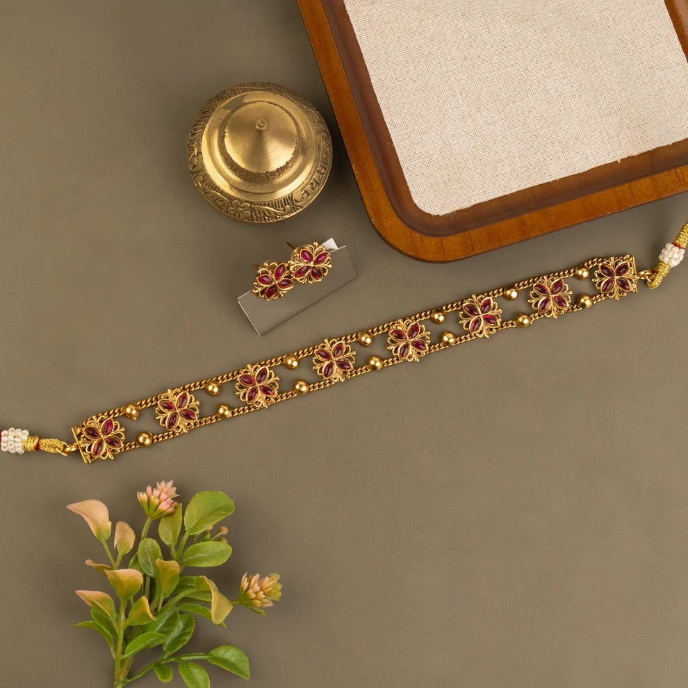 Gold-Toned Floral Two-Layer Choker Necklace 1400