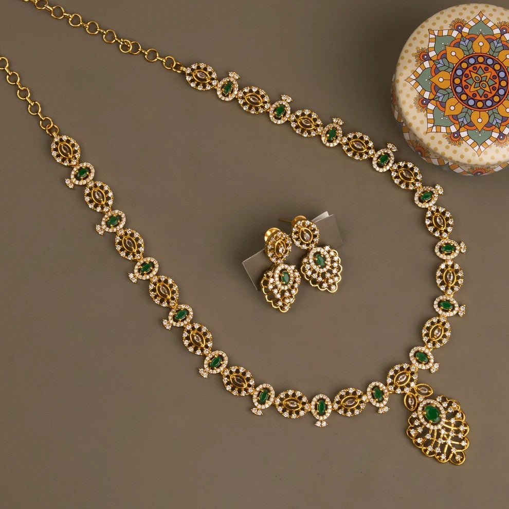 Gold-Toned Floral Stone-Studded AD Long Necklace 1387