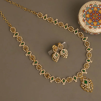 Gold-Toned Floral Stone-Studded AD Long Necklace 1387