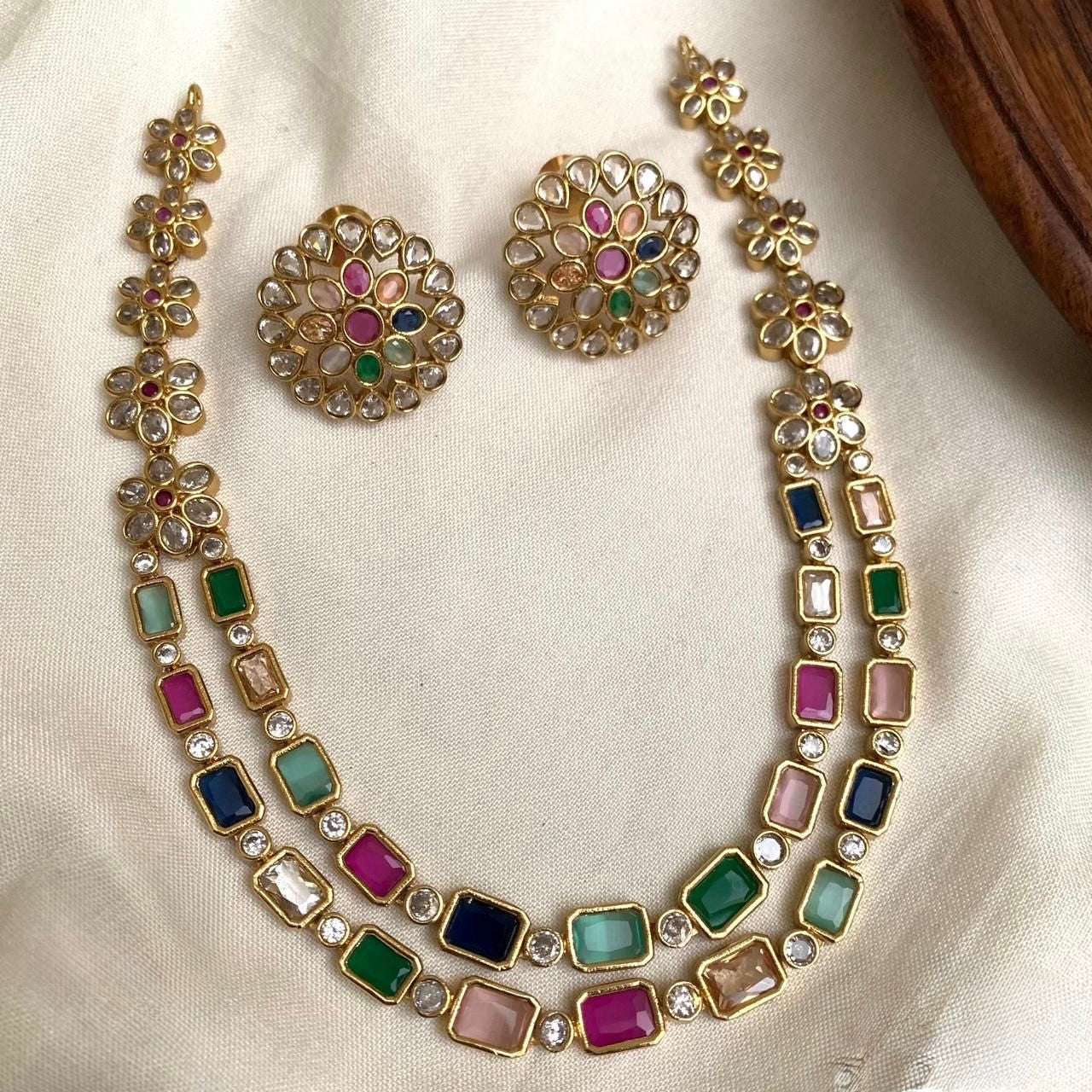 Gold-Toned Floral Stone-Studded Multi Necklace  1407