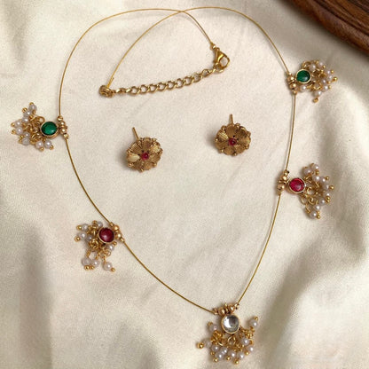 Gold-Toned Pearl Hanging Invisible Chain Necklace 241