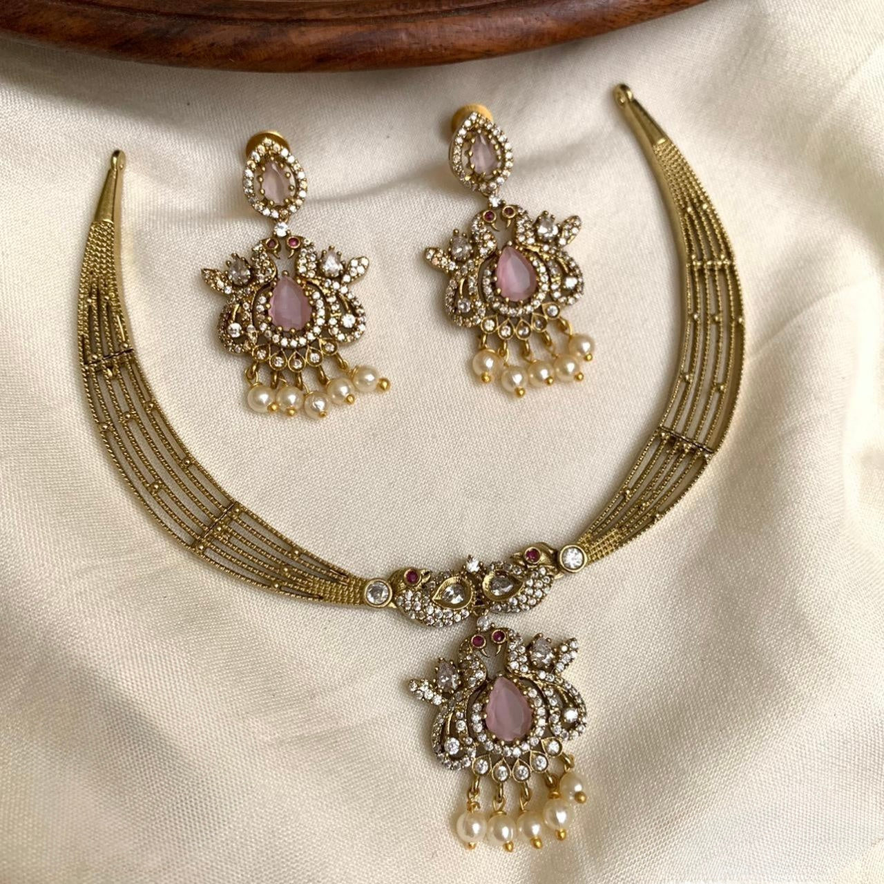 Gold-Toned Peacock  Motif AD Necklace 1386