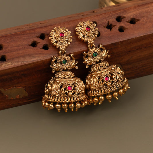 Gold-Toned Floral  Peacock Motif Jhumka Earrings ER 562