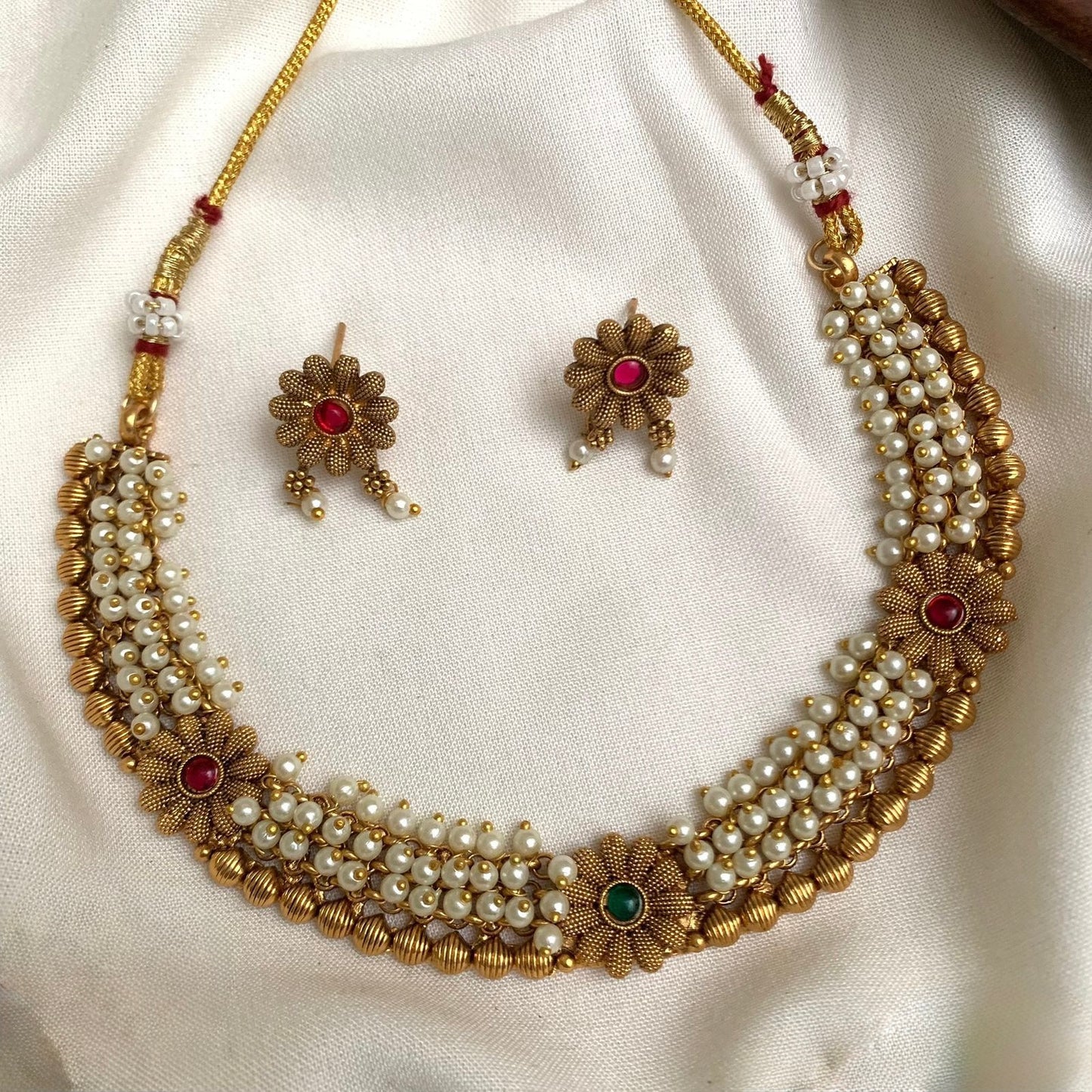 Gold-Toned Ghungroo Floral Pearl Necklace 953