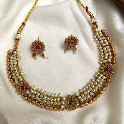 Gold-Toned Ghungroo Floral Pearl Necklace 953