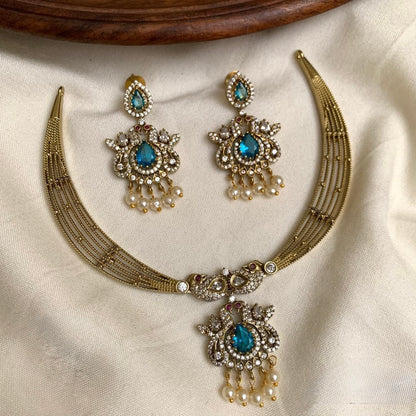 Gold-Toned Peacock  Motif AD Necklace 1386