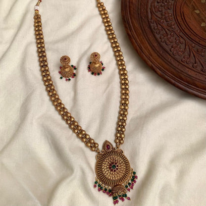 Gold-Toned Floral Jhumka Hanging Long Necklace 819
