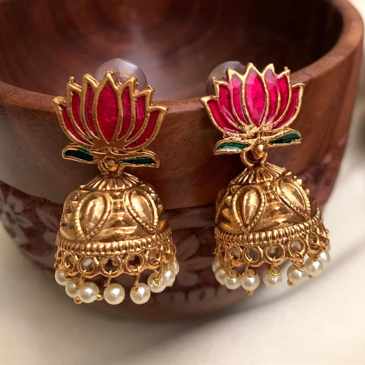 Gold-Toned Handmade Lotus Pearl Earrings ER 750