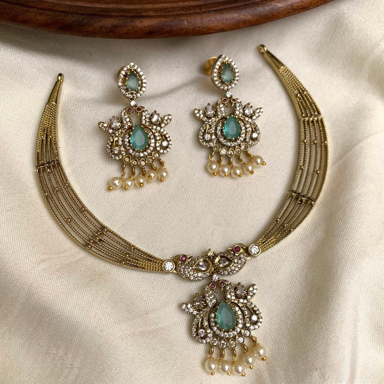 Gold-Toned Peacock  Motif AD Necklace 1386