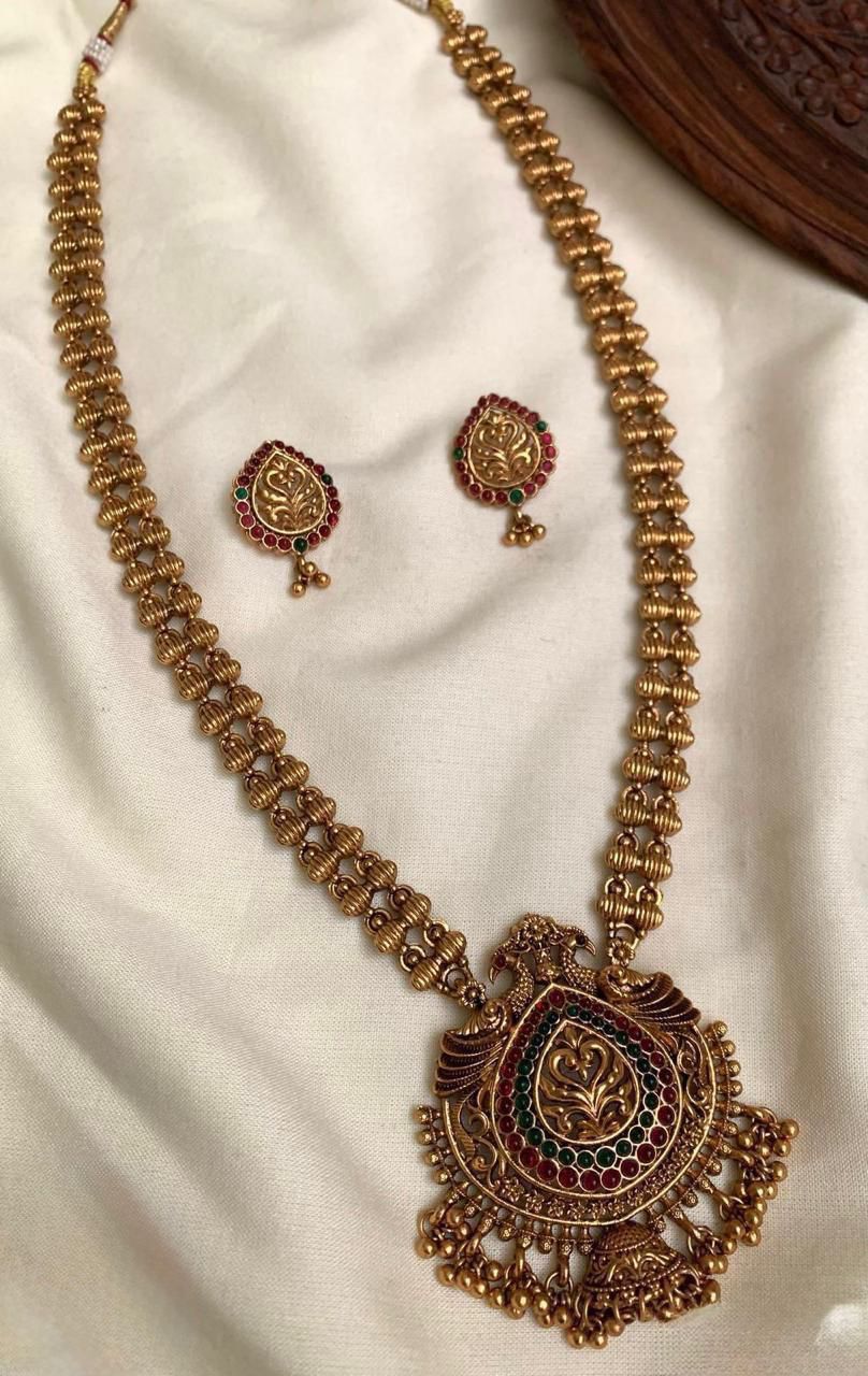 Gold-Toned Leaf Motif Peacock Long Necklace 1209