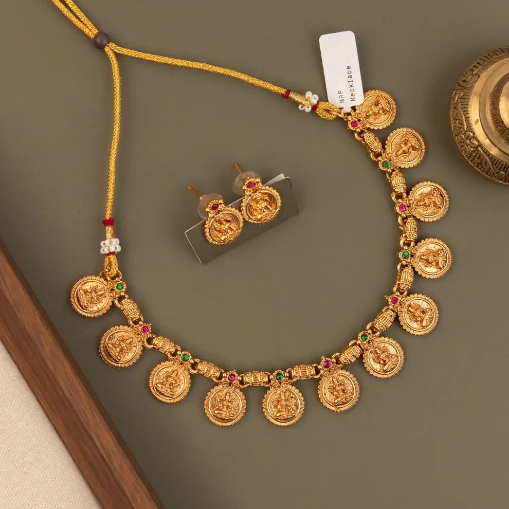 Gold-Polish Traditional  Kaasu  Lakshmi Choker Necklace 1727