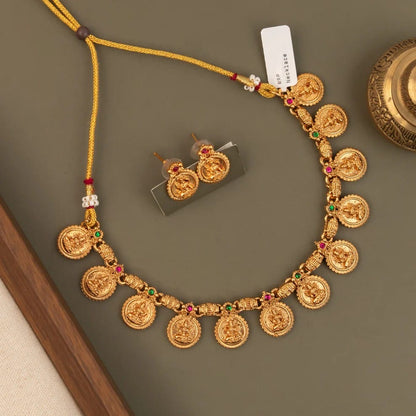 Gold-Polish Traditional  Kaasu  Lakshmi Choker Necklace 1727