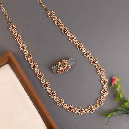 Gold-Toned Floral Stone-Studded AD Necklace 1388