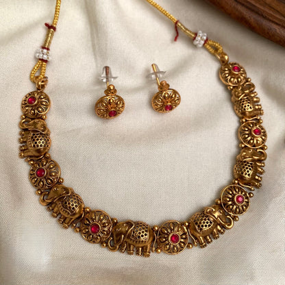 Gold-Polish Floral Elephant Designed Necklace 1423