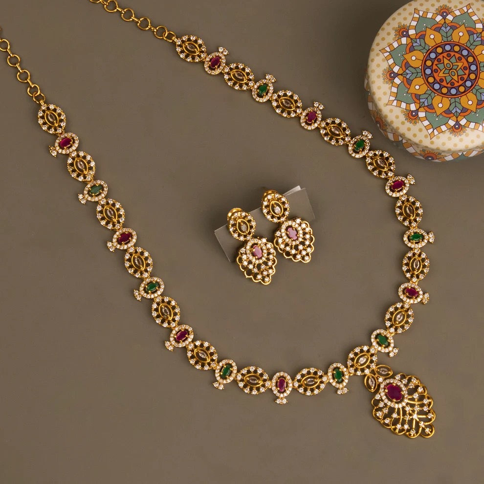Gold-Toned Floral Stone-Studded AD Long Necklace 1387