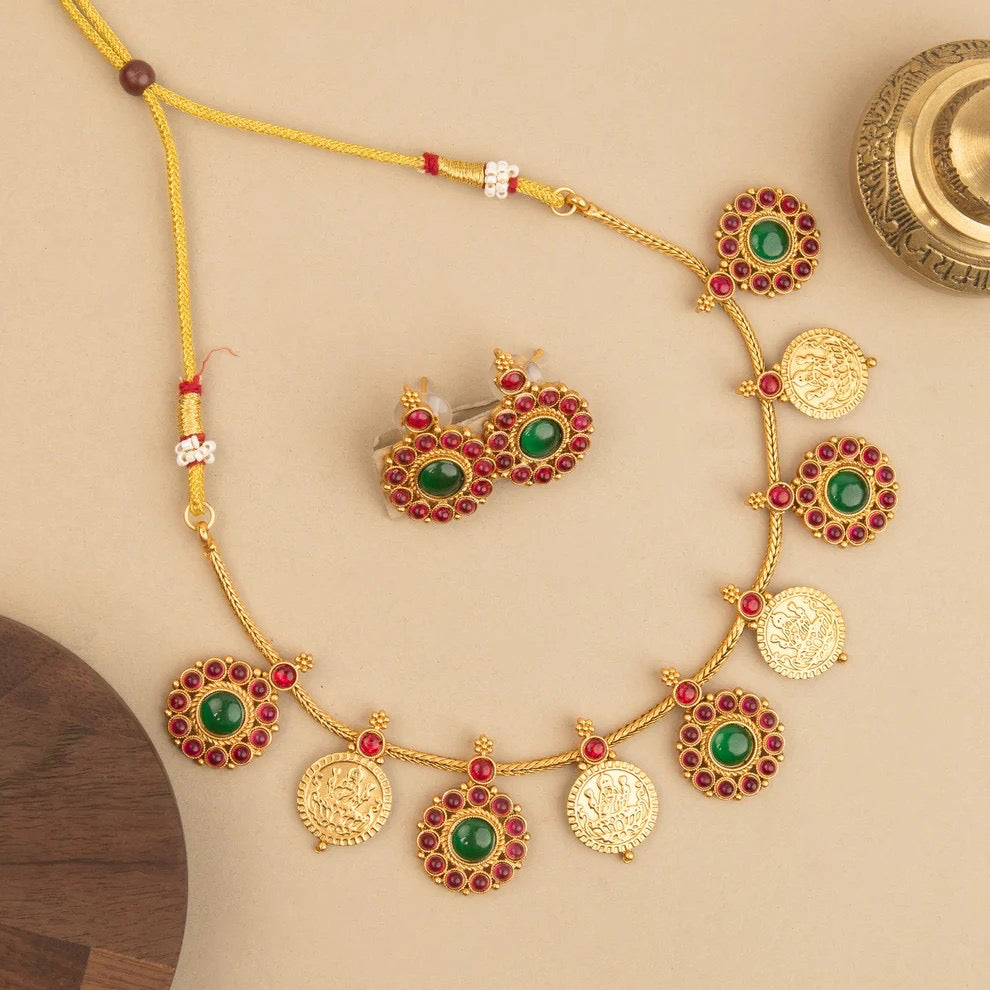Gold-Toned Floral Kaasu Lakshmi Necklace 1170