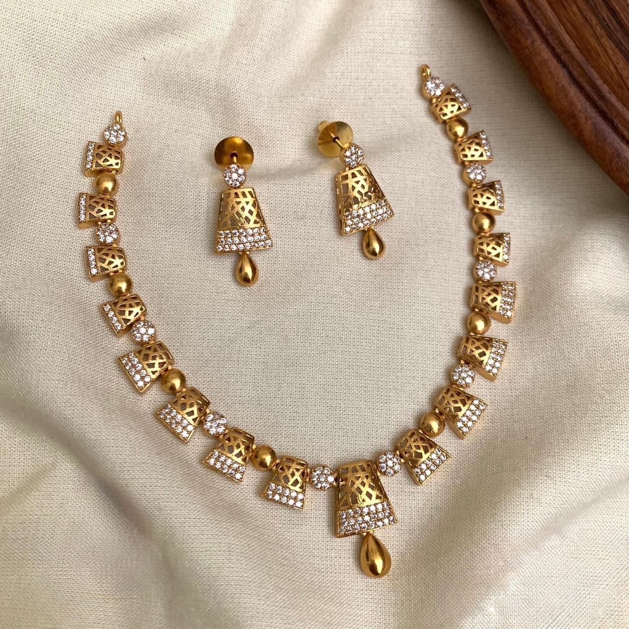 Gold-Polish Box-Designed AD Necklace 1259