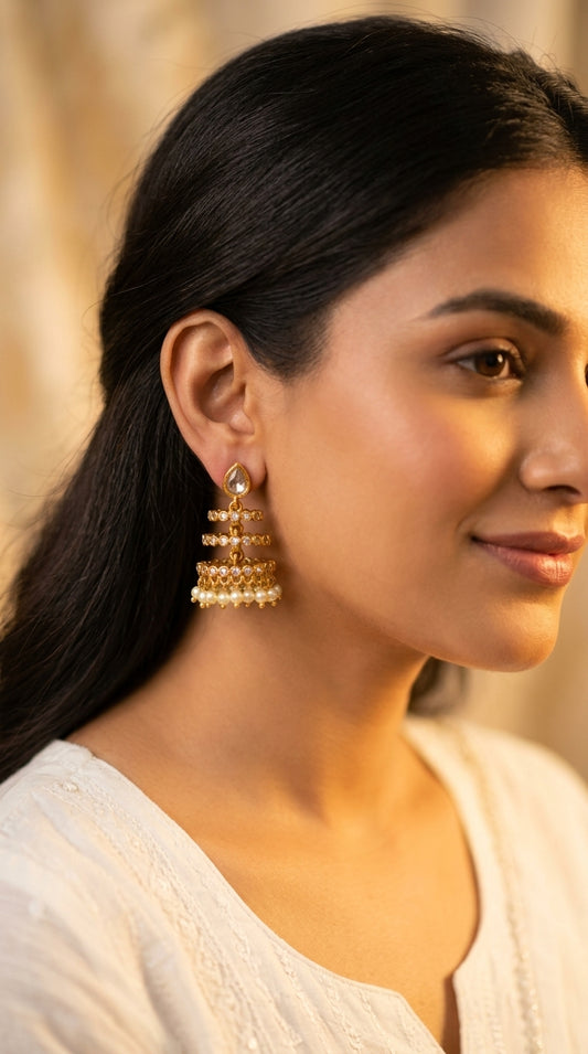 Gold-Toned Floral Tower Designed Earrings ER 438