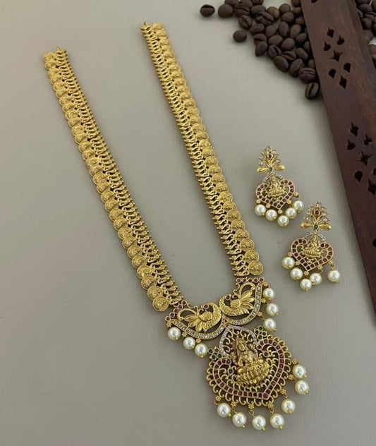 Gold-Toned Traditional Lakshmi  Kaasu Long Necklace 1813